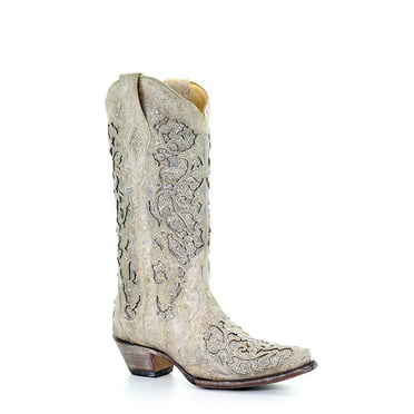 Corral Womens 12-inch Brown Turquoise/Beige Embroidery Snip Toe Pull-On Cowboy Boots 